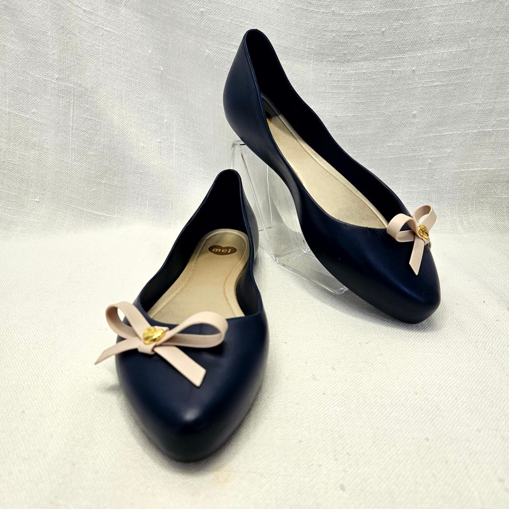 Mel by Melissa Jelly Flats Womens 7 Navy Blue Bow Heart Pointed Toe Pop Heart